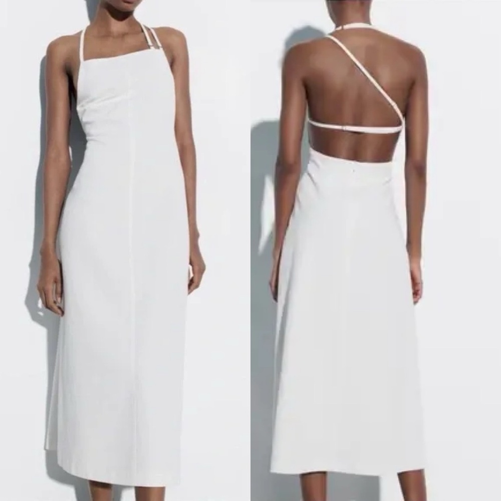 Zara White Midi Dress with Cross-Back Straps